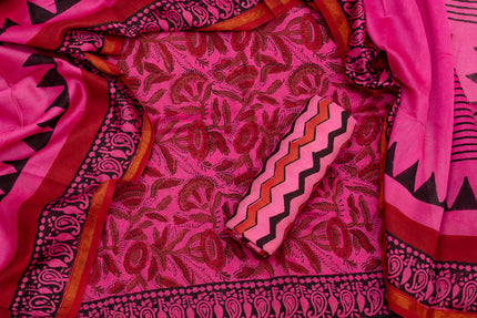 Chanderi Cotton Unstitched Salwar Suit Set – Dark Pink Elegance