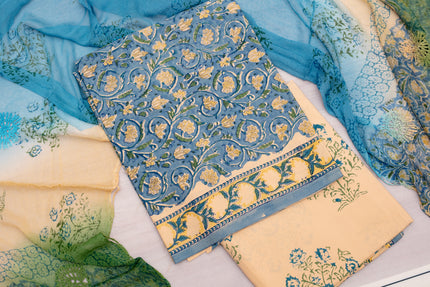 Handcrafted Cotton Unstitched Suit Set – Floral Elegance in Blue & Beige