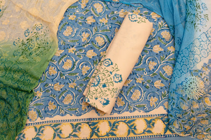 Handcrafted Cotton Unstitched Suit Set – Floral Elegance in Blue & Beige