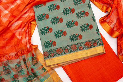 Chanderi Cotton Unstitched Salwar Suit Set – Sage Green & Sunset Orange Elegance