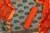 Chanderi Cotton Unstitched Salwar Suit Set – Sage Green & Sunset Orange Elegance