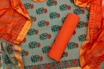 Chanderi Cotton Unstitched Salwar Suit Set – Sage Green & Sunset Orange Elegance