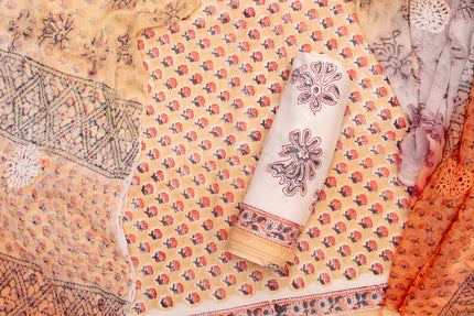 Cotton Unstitched Suit Set – Floral Elegance in orange & Cream white