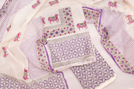 Chanderi Cotton Unstitched Suit - Cream White And Lavender Elegance