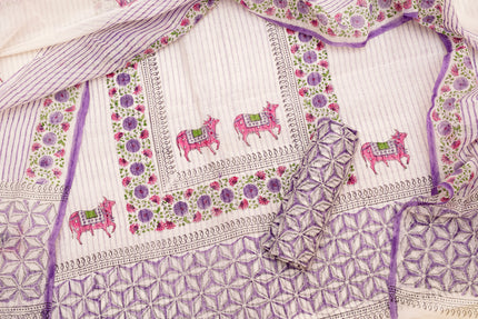 Chanderi Cotton Unstitched Suit - Cream White And Lavender Elegance