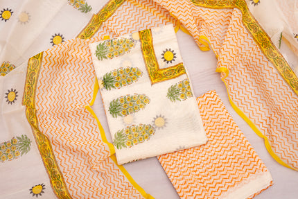 Chanderi Cotton Unstitched Suit - Cream White And Yellow Elegance