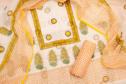 Chanderi Cotton Unstitched Suit - Cream White And Yellow Elegance