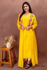 Sunshine Yellow Cotton Dress with Embroidered Shrug