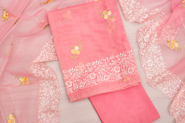 Pink Unstitched Suit Set with Organza Dupatta