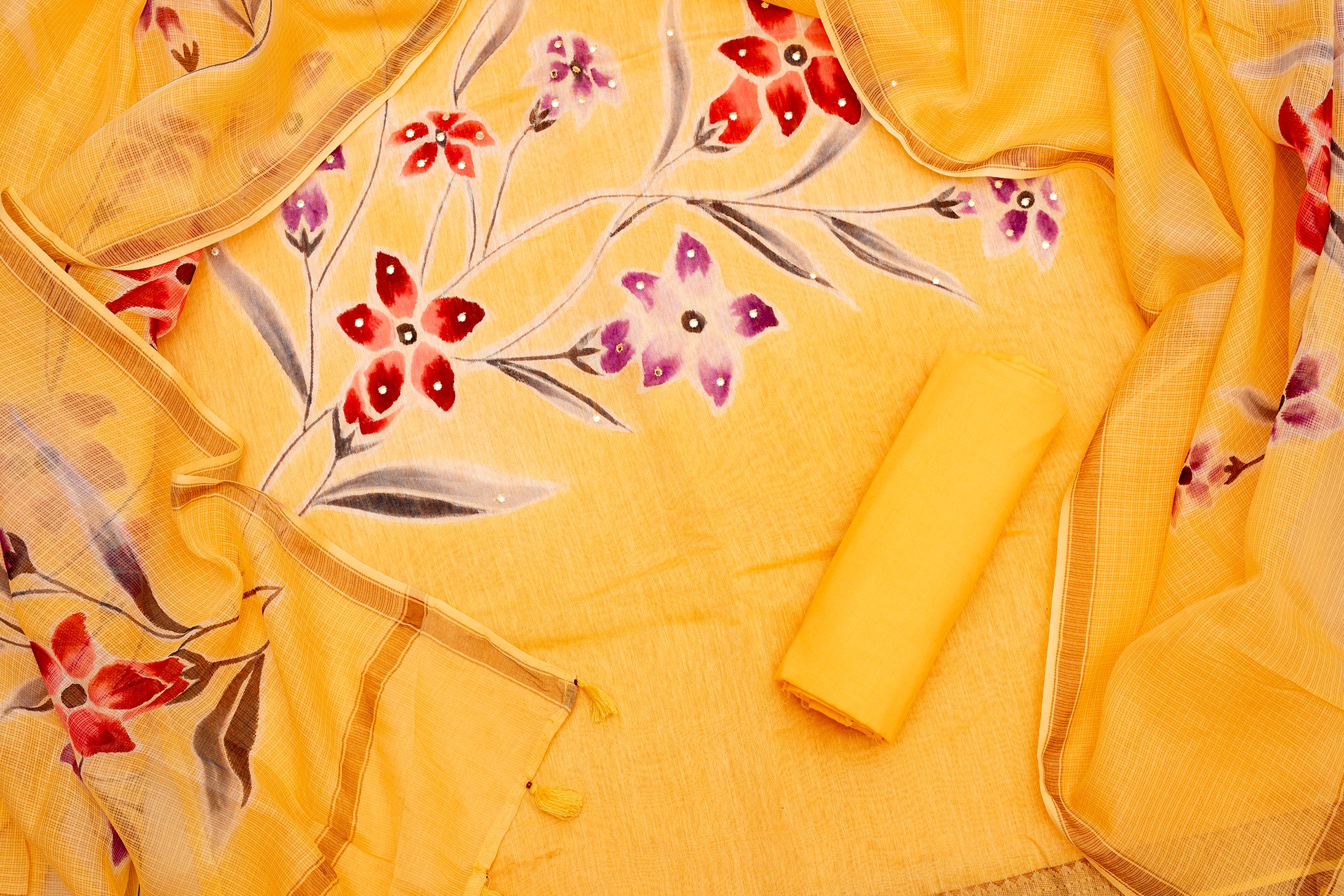 Festive Yellow Chanderi Cotton Suit Set – Unstitched