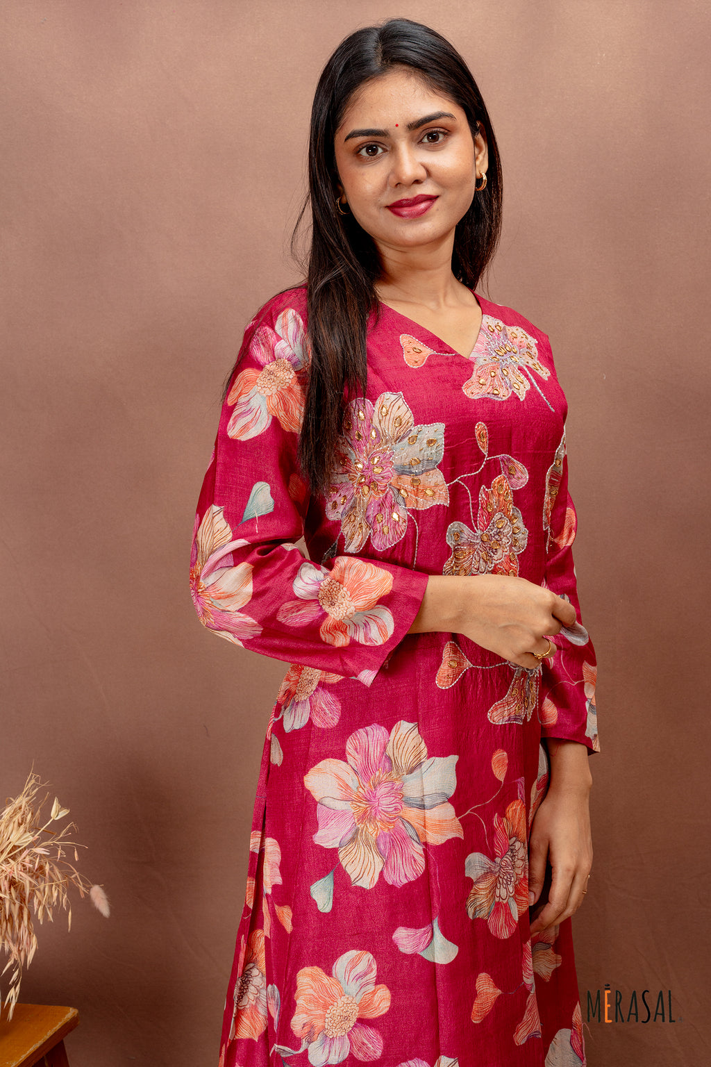 Crimson Floral Tussar Top