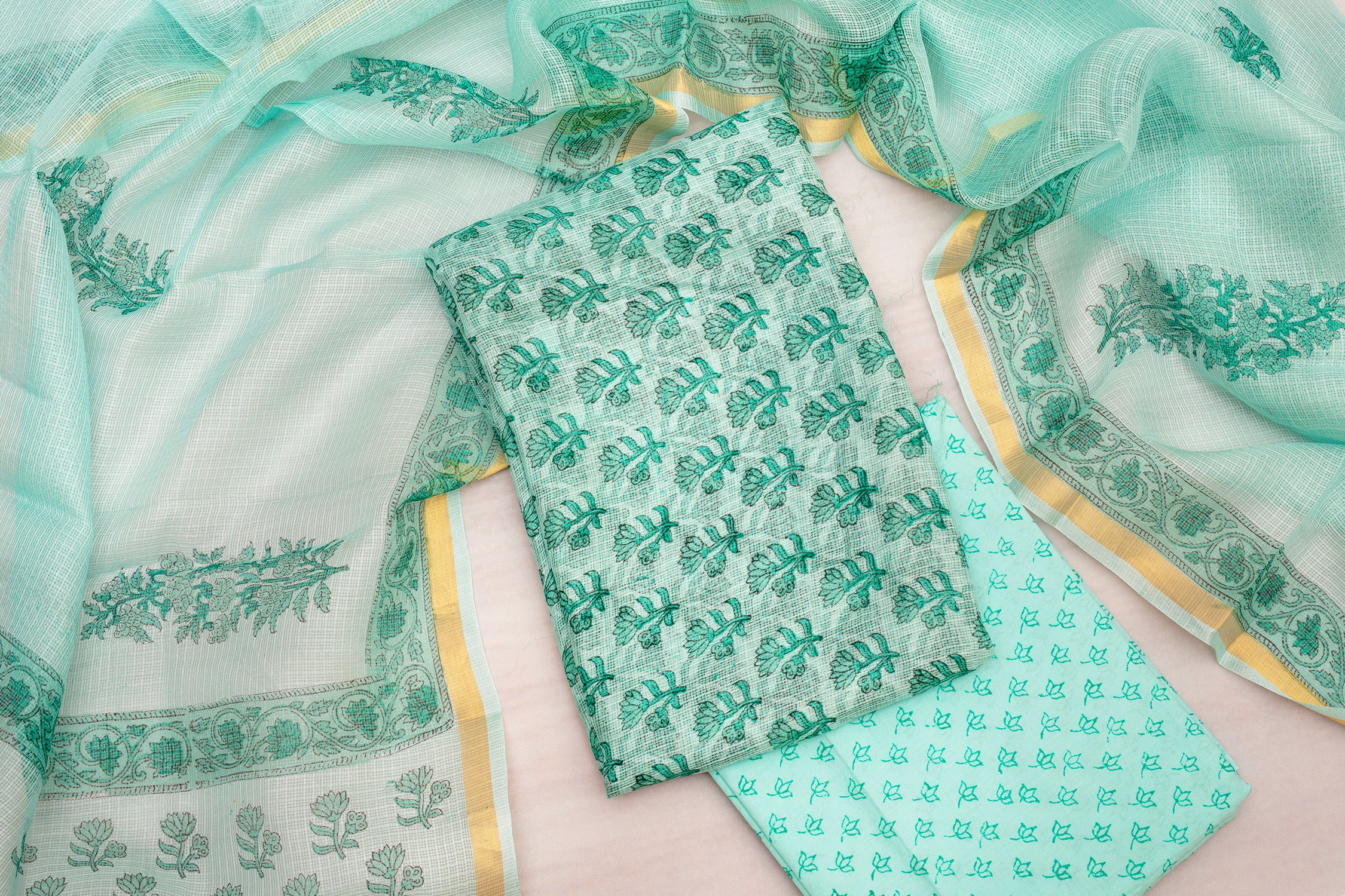 Traditional Cotton Unstitched Suit Set in Aqua Green