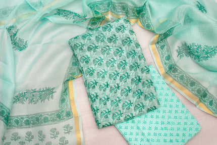 Traditional Cotton Unstitched Suit Set in Aqua Green