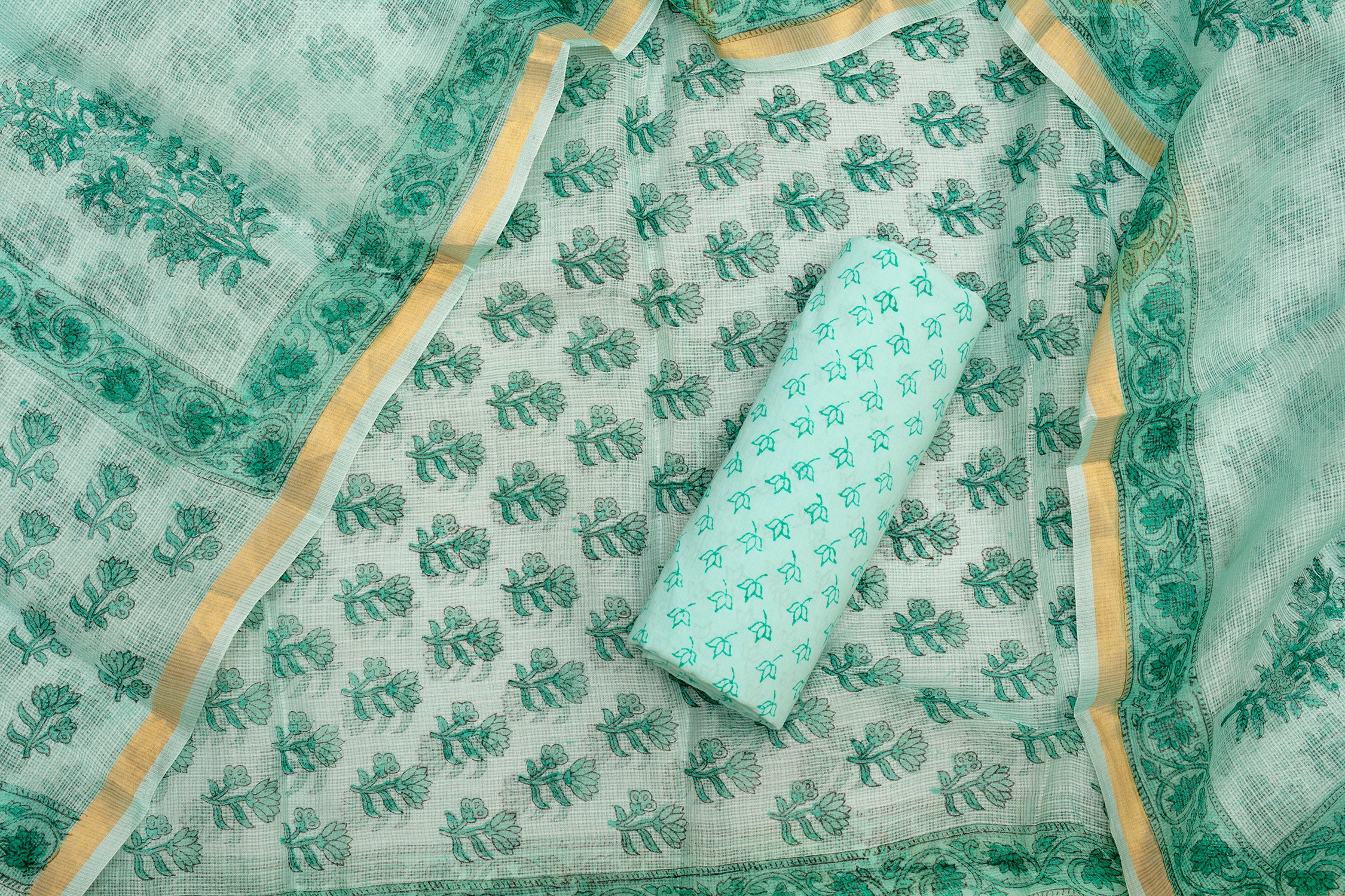 Traditional Cotton Unstitched Suit Set in Aqua Green