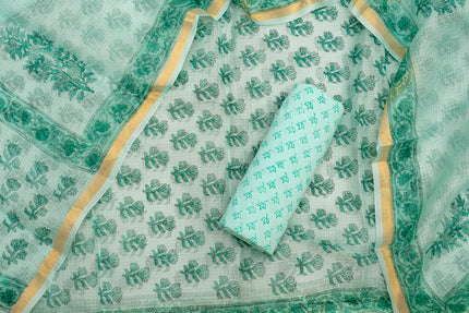 Traditional Cotton Unstitched Suit Set in Aqua Green