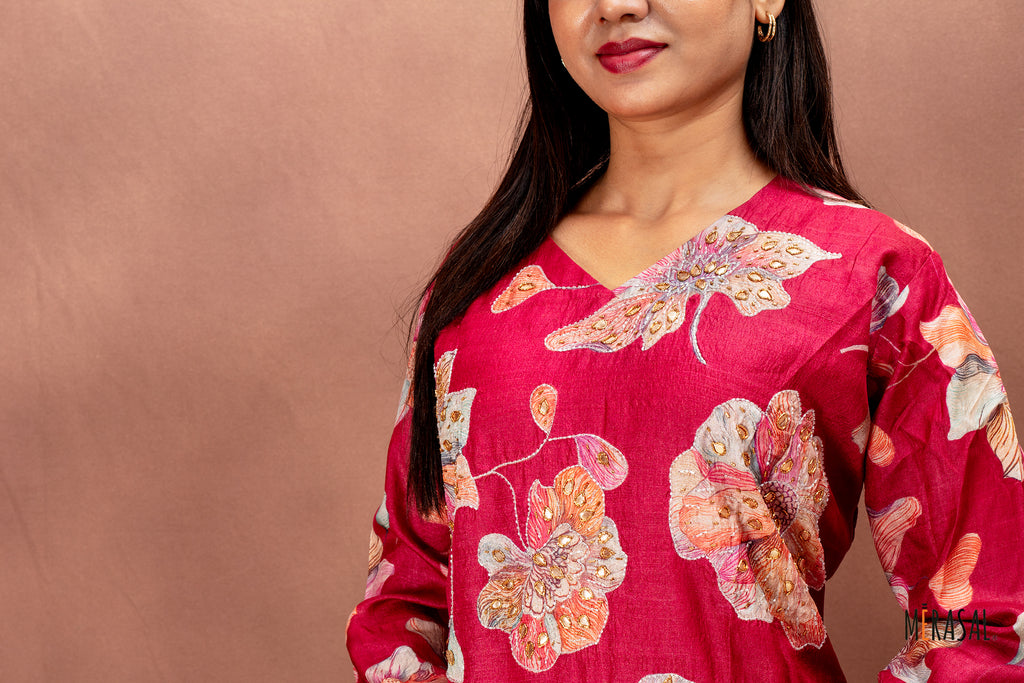 Crimson Floral Tussar Top