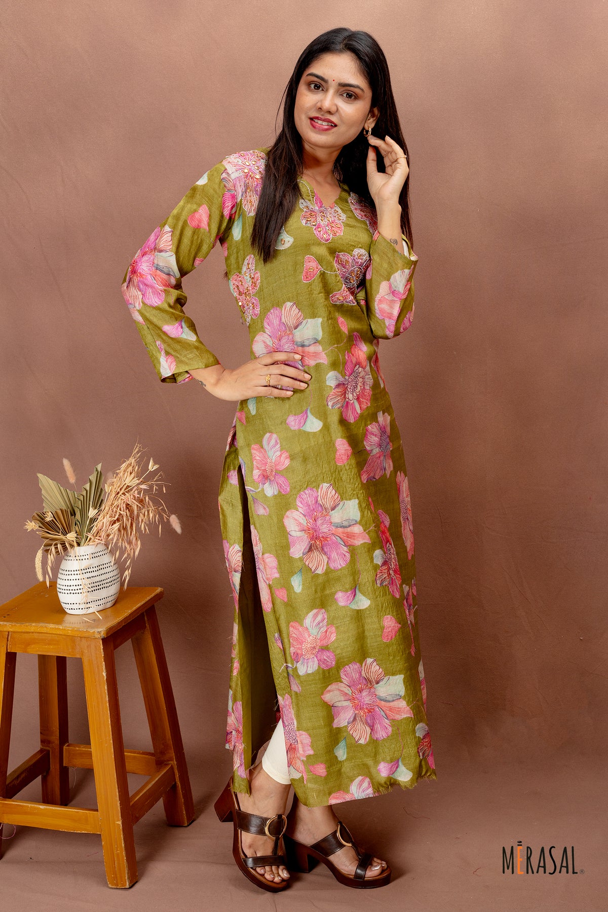 Olive Green Floral Tussar Top