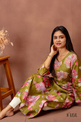 Olive Green Floral Tussar Top