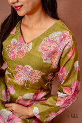 Olive Green Floral Tussar Top