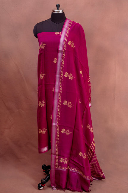 Classic Maroon Cotton Suit Set – Unstitched with Woven Work