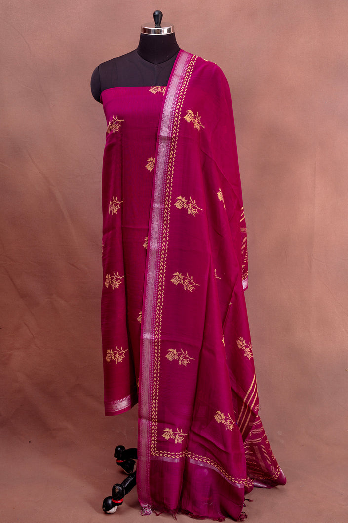Classic Maroon Cotton Suit Set – Unstitched with Woven Work