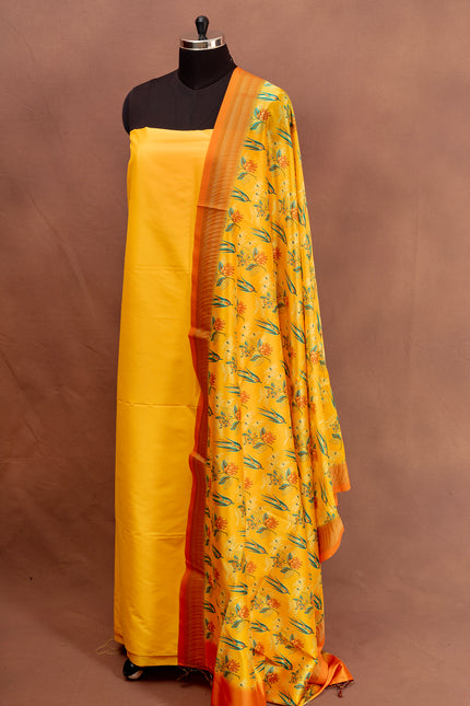 Yellow Silk Unstitched Suit with Printed Dupatta