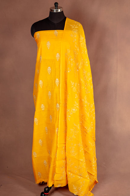 Bright Yellow Chanderi Cotton Unstitched Salwar with Silver Motifs – Top & Dupatta