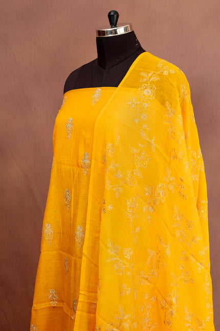 Bright Yellow Chanderi Cotton Unstitched Salwar with Silver Motifs – Top & Dupatta