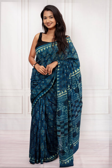 Elegant Indigo Blue Handcrafted Cotton Saree with Traditional Block Prints