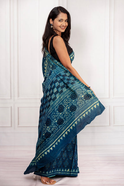 Elegant Indigo Blue Handcrafted Cotton Saree with Traditional Block Prints