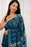 Elegant Indigo Blue Handcrafted Cotton Saree with Traditional Block Prints