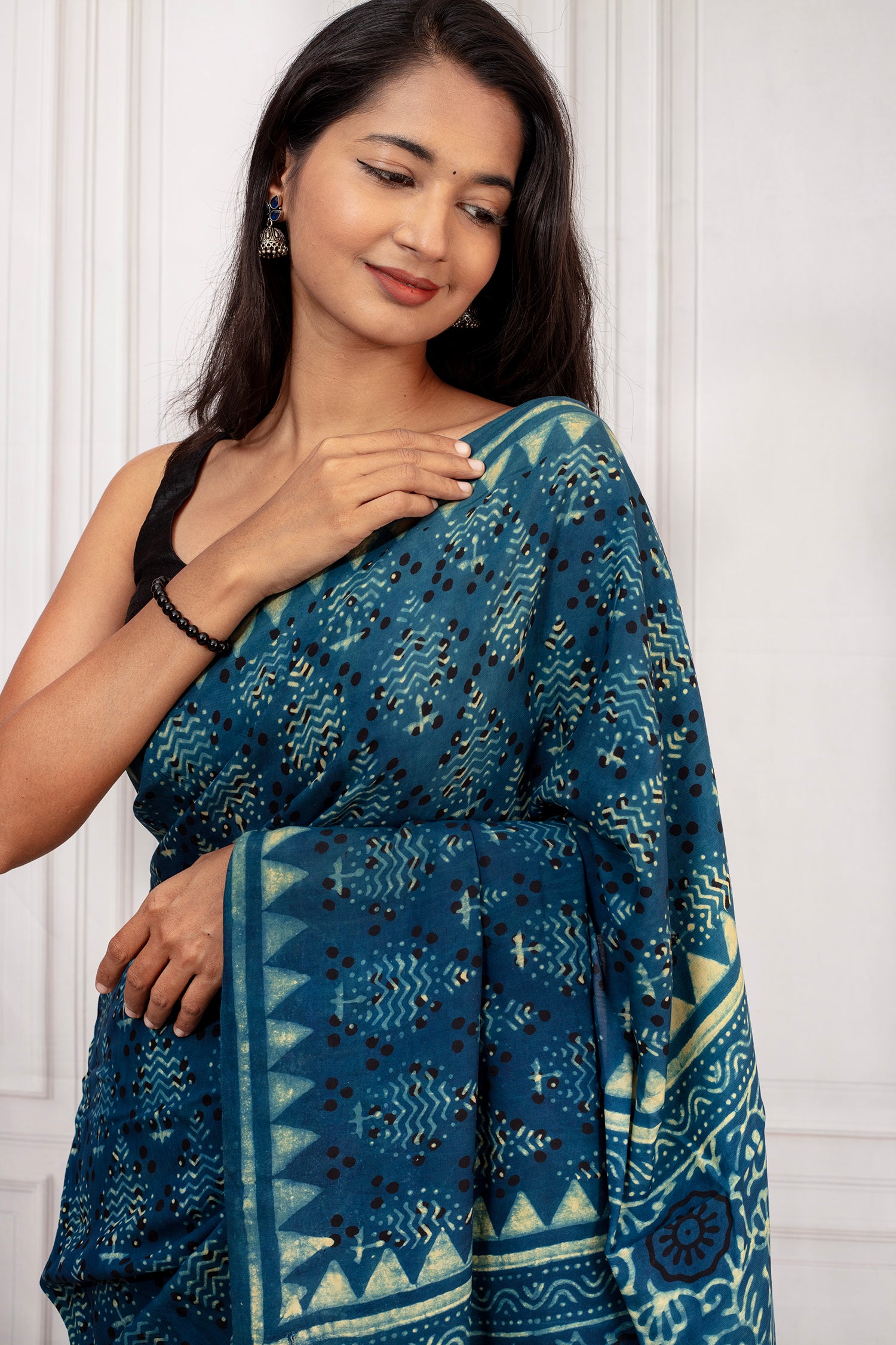 Elegant Indigo Blue Handcrafted Cotton Saree with Traditional Block Prints