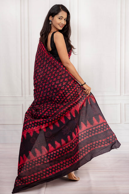 Elegant Black & Crimson Red Handblock Print Saree