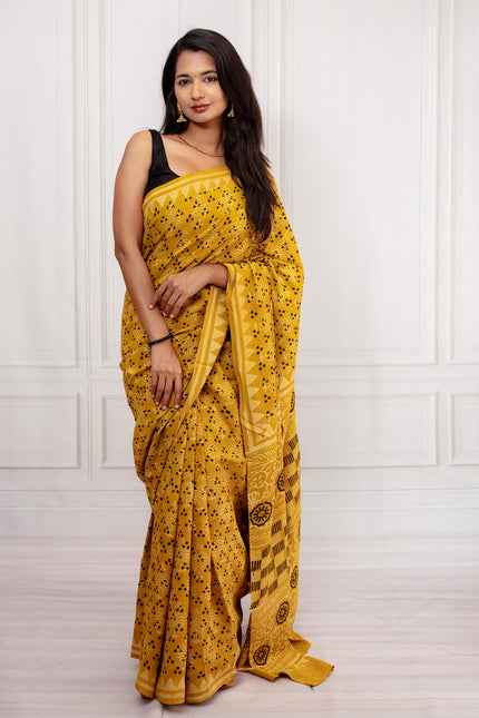 Mustard Yellow Handcrafted Block Print Saree