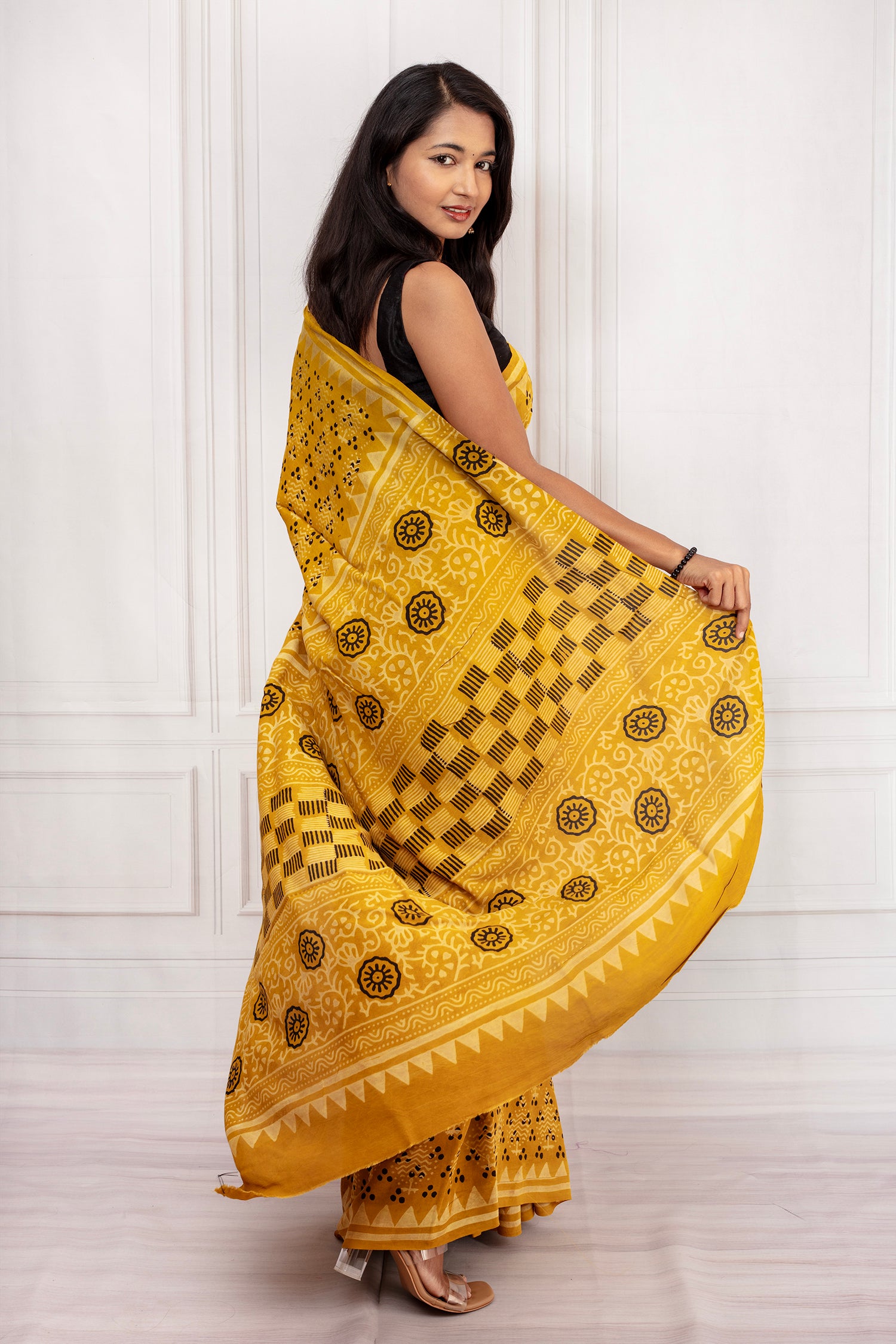 Mustard Yellow Handcrafted Block Print Saree