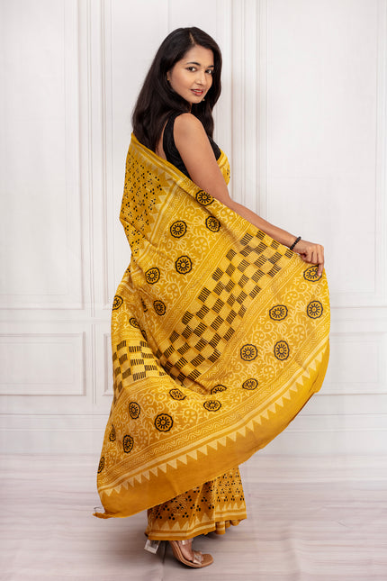 Mustard Yellow Handcrafted Block Print Saree