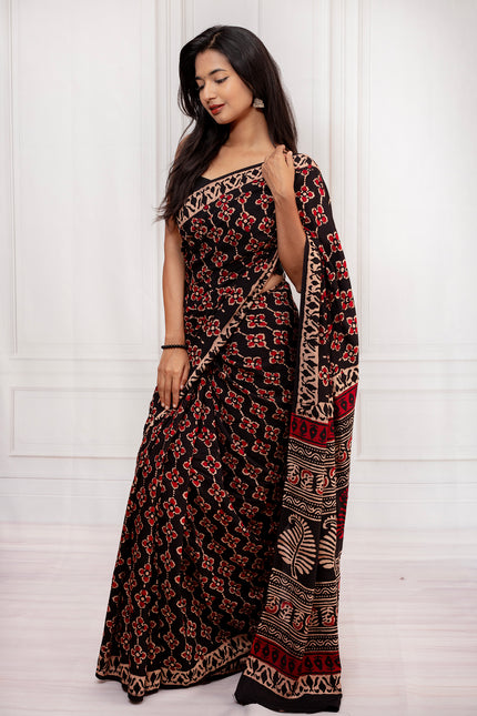 Black & Deep Red Handblock Print Saree
