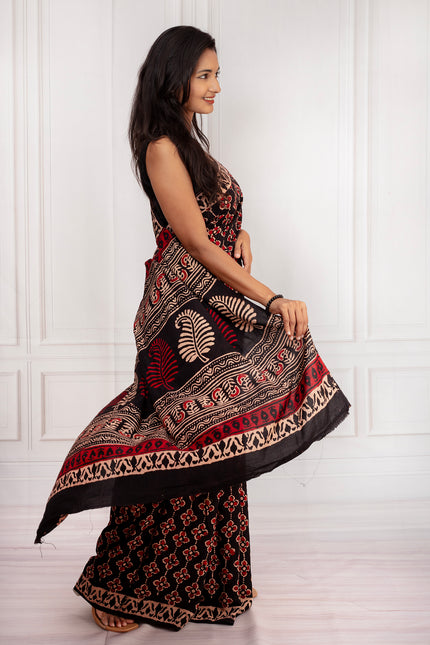 Black & Deep Red Handblock Print Saree