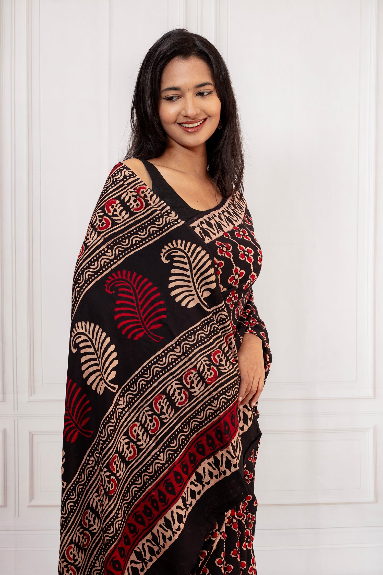 Black & Deep Red Handblock Print Saree