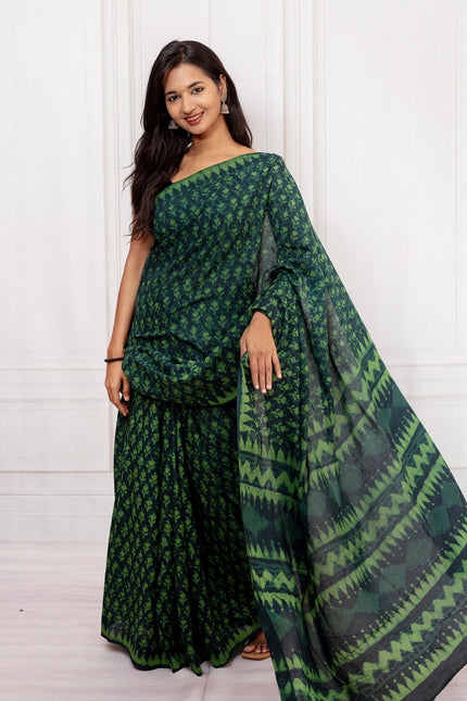 Light &  Dark Green Hand block Print Saree