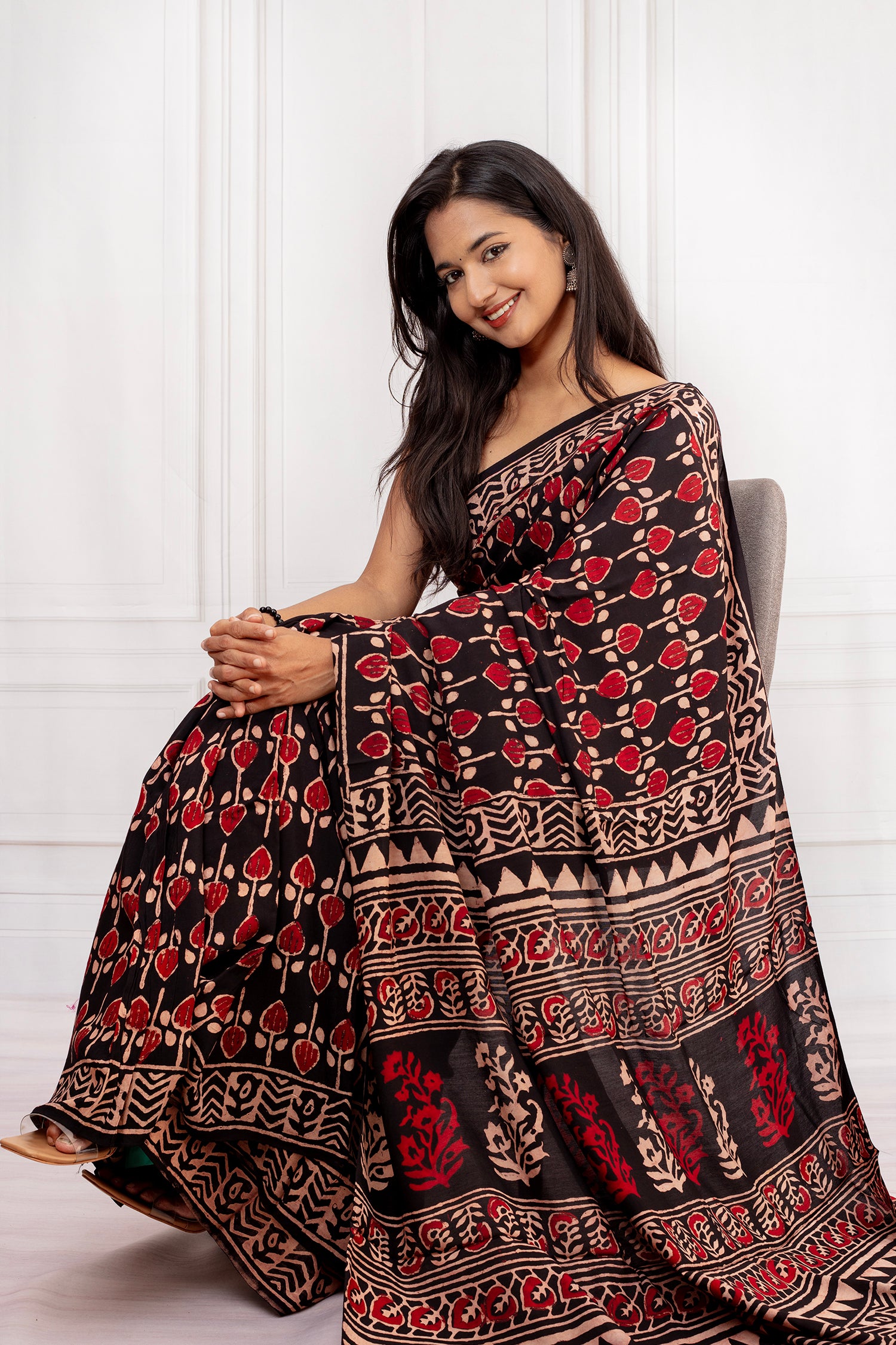 Classic Black Floral & Block Printed Saree