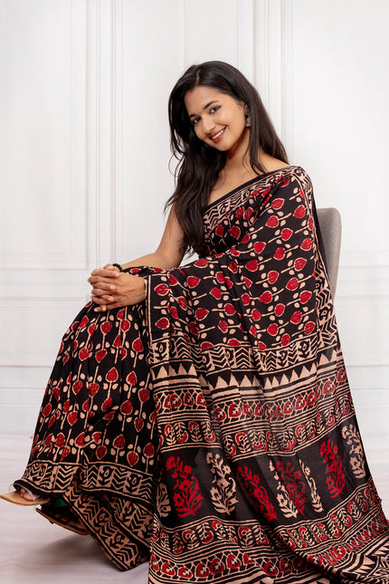Classic Black Floral & Block Printed Saree