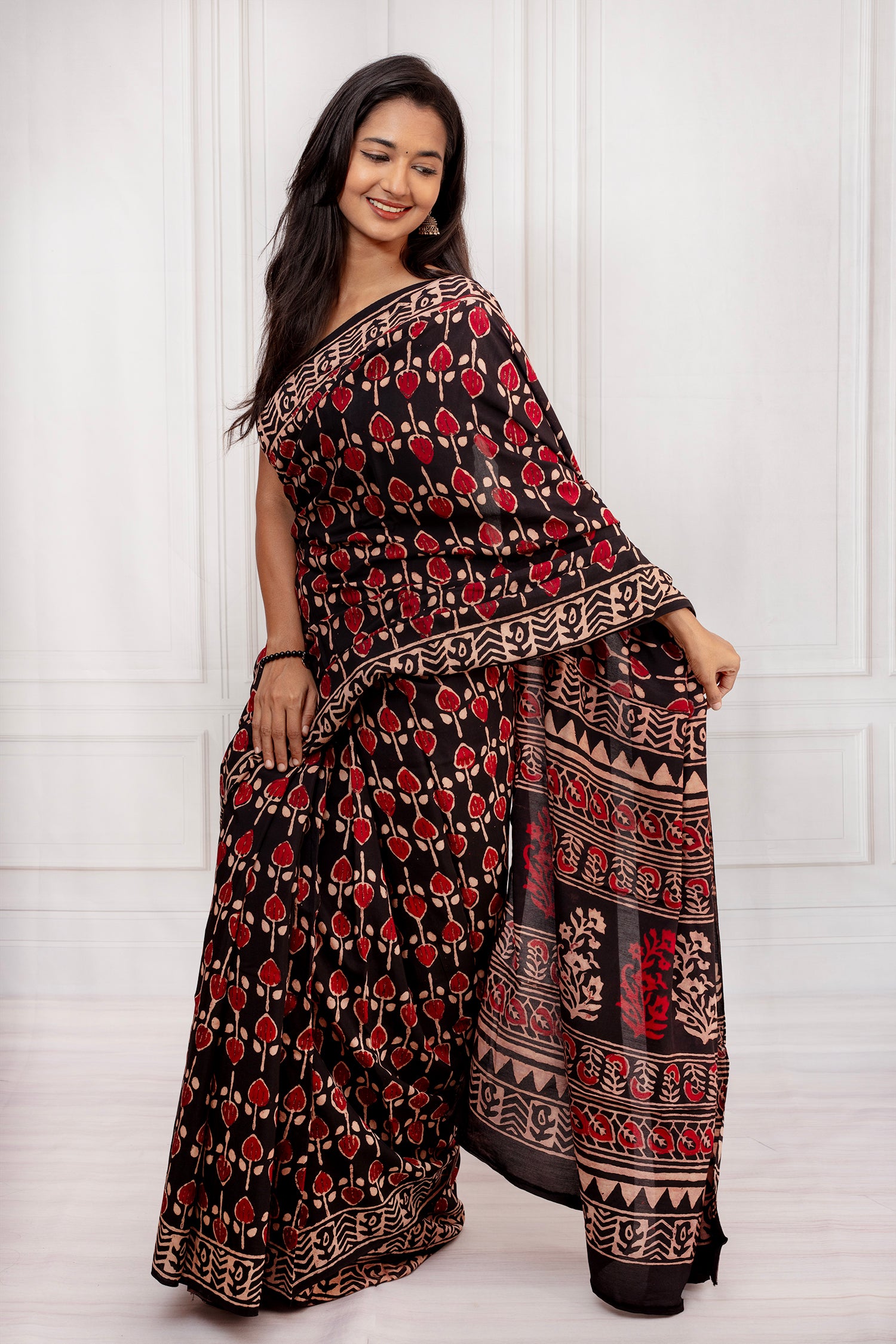 Classic Black Floral & Block Printed Saree