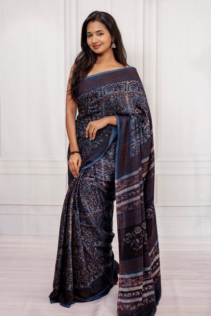 Deep Indigo Blue Handcrafted Ajrakh Silk Saree