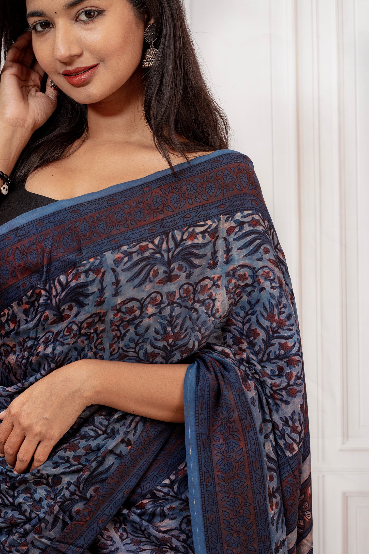 Deep Indigo Blue Handcrafted Ajrakh Silk Saree