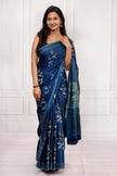 Handcrafted Ajrakh Saree in Indigo & Moss Green