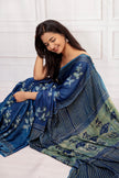 Handcrafted Ajrakh Saree in Indigo & Moss Green