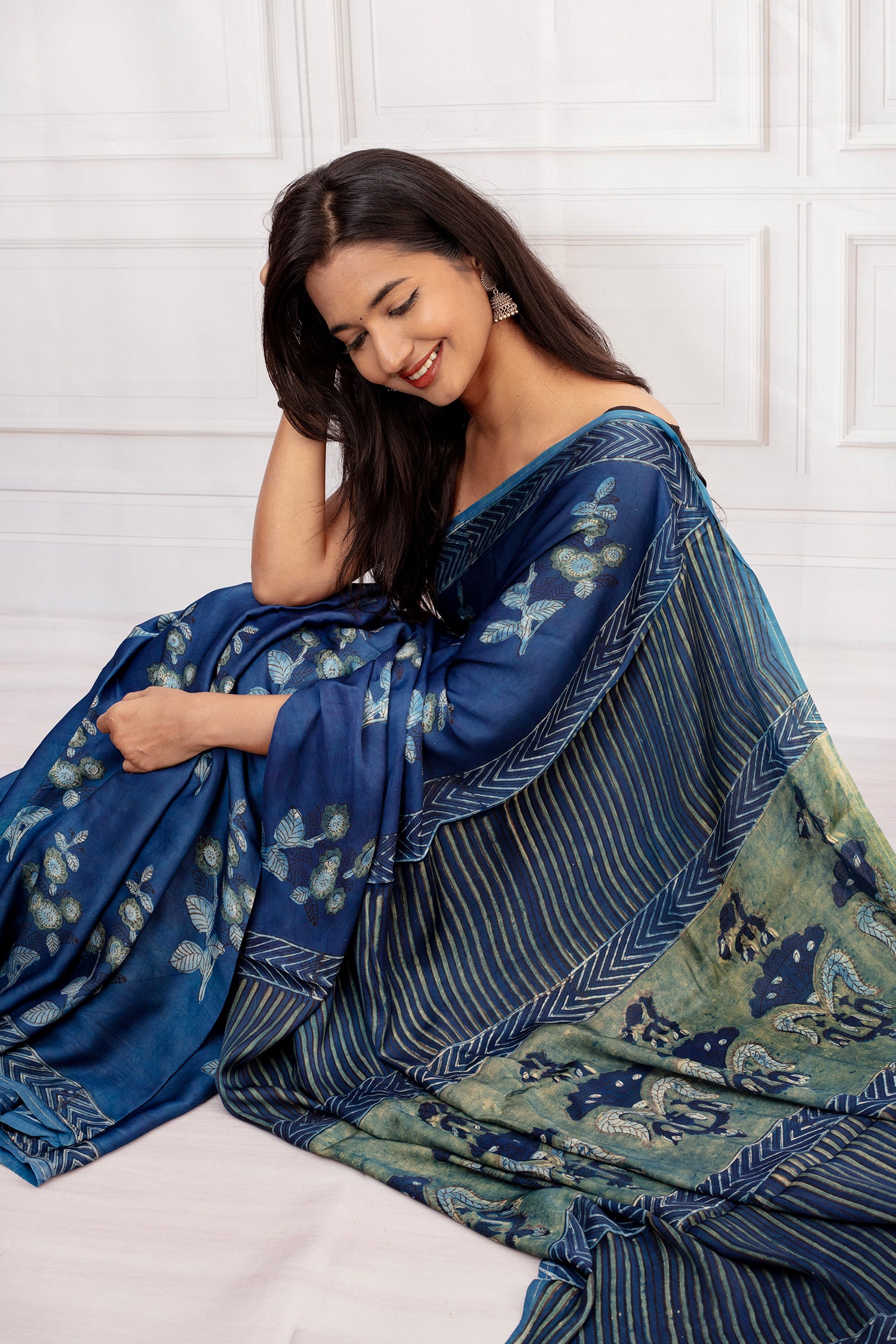 Handcrafted Ajrakh Saree in Indigo & Moss Green