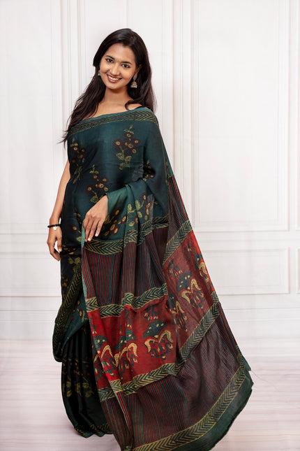 Elegant Handcrafted Dark Green Saree with Intricate Prints