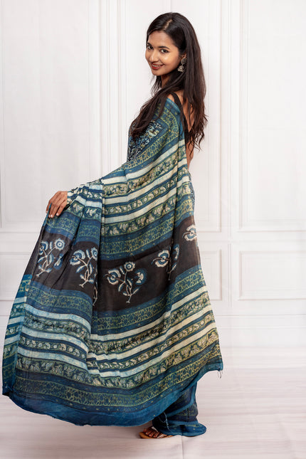 Graceful Handcrafted Ajrakh Saree in Deep Blue Tones